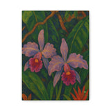 Gauguin Inspired Tropical Still Life with Cattleya Orchids and Bromeliads
