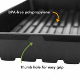 Black plastic tray with BPA-free polypropylene text and thumb hole for easy grip on a white background