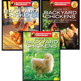 Three books on backyard chickens with images of chickens and text about raising chickens.