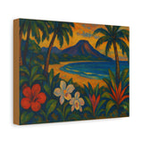 Gauguin Inspired Tropical Beach with Volcano and Exotic Flowers