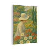 Mary Cassatt Style Impressionist Painting, Woman in White Hat in Flower Garden Wall Art