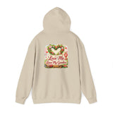 Beige Love Me, Love My Garden Unisex Heavy Blend™ Hooded Sweatshirt with a floral design and text on the back against a white background