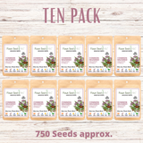 Ten packs of Flaxon Seed Co. Common Milkweed seeds on a wooden background with text indicating quantity and seed count.