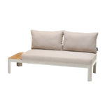 Beige outdoor sofa with wooden armrest on a white background