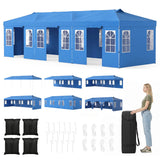 Blue pop-up canopy tent with side wall panels and window designs, shown assembled with smaller views, included accessories, and a woman standing next to the black carry bag on a white background.