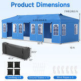 Blue event canopy tent with white window frames, shown with product dimension labels (30 ft by 10 ft), a black ground cover bag, and included accessories: 4 sandbags, 17 ground stakes, and 6 wind ropes on a light blue background.