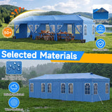 Blue outdoor event canopy tent shown in a grassy field with mountains and sky in the background, with feature callouts including air vented top, durability, sun protection, and selected materials. The image includes a large 'Selected Materials' banner and circular badges.