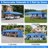 A promotional collage showing an 8 removable sidewalls, 3 roll-up door canopy tent in four outdoor usage scenarios: driveway, lakeside, patio, and lawn event setup. The image features four quadrants with labeled photos of the blue tent with different configurations, and a blue header and footer with descriptive text.