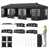 Black outdoor event canopy tent with white-framed window panels, shown assembled at the top, with smaller views of setup variations, included accessories, and a woman standing next to the packed bag on a white background.