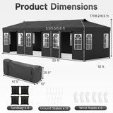 Product dimensions diagram for a black event canopy tent with window panels, showing the tent measurements, a packed sandbag bundle, and included accessories: 4 sandbags, 17 ground stakes, and 6 wind ropes.