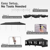 Instructional graphic showing how to set up a pop-up canopy tent with a metal frame. The diagram includes labeled steps: Step 1 unfold the metal frame, Step 2 attach the canopy to the frame, Step 3 pop the canopy up with center lock, and Step 4 adjust height and attach sidewalls.