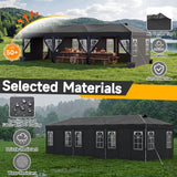 Black outdoor event tent with side walls and arched windows, shown in a grassy field with marketing text and feature callouts including 'Selected Materials', 'Air Vented Top', 'Durability', and 'Sun Protective'.