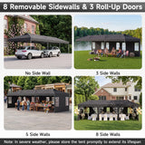 A promotional collage showing a black outdoor canopy tent with different configurations: no side wall, 3 side walls, 5 side walls, and 8 side walls, along with three roll-up doors. The images show the tents set up in residential outdoor environments, with people visible in some panels.
