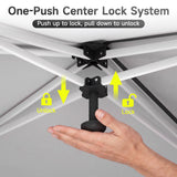 A hand demonstrates the one-push center lock system on a white canopy frame, with yellow arrows and padlock icons showing unlock and lock positions. Text at the top reads 'One-Push Center Lock System' and 'Push up to lock, pull down to unlock.