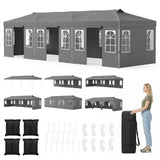 Gray event canopy tent with side wall panels, shown assembled at the top, with smaller views of the same tent, included accessories, and a woman standing next to the carrying bag on a white background.