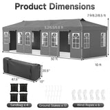 Product dimensions diagram for a gray pop-up event canopy tent with window panels, shown with labeled measurements, included sandbags, ground stakes, and wind ropes on a white background.