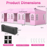Pink pop-up canopy tent with dimension labels showing 30 ft by 10 ft size, plus a black sandbag enclosure shown separately and accessory counts at the bottom on a light pink background.