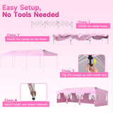 Pink pop-up canopy tent setup guide with text labels for Step 1 through Step 4, showing the metal frame, canopy attachment, center lock release, and final assembled canopy with sidewalls on a light pink background.
