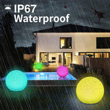 Colorful waterproof LED balls near a house with 'IP67 Waterproof' text.