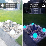 Two images showing outdoor lighting fixtures: one during the day and one at night.