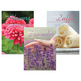 Three book covers featuring flowers, Luffa, and Lavender with a white background.