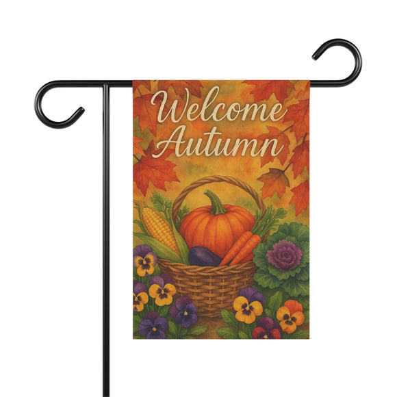 Decorative garden flag with 'Welcome Autumn' text, pumpkins, and fall elements on a white background.