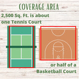 Comparison of a tennis court and basketball court area on a wooden background