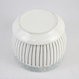 Ceramic pot with white and black vertical stripes on a light gray background