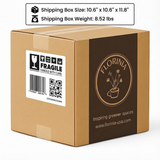 Cardboard box with Florinia branding and shipping details on a white background 3-Piece White Ceramic Planter Pot Set with Fluted Design & Saucers