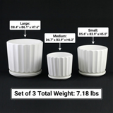 Three white ceramic pots of different sizes with dimensions and weight information on a black background 3-Piece White Ceramic Planter Pot Set with Fluted Design & Saucers