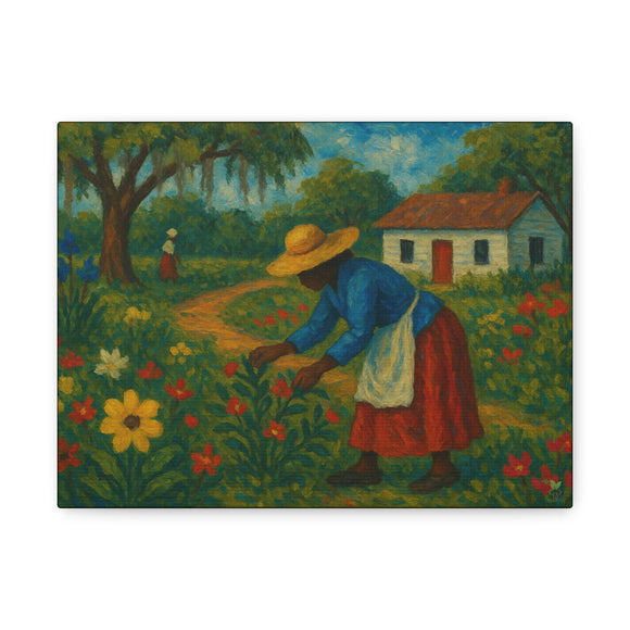 Gullah Geechee Garden Scene Folk Art, African American Woman Tending Flowers