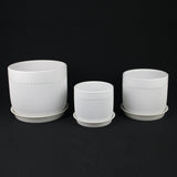 3-Piece White Stoneware Planter Pot Set with Vertical Line Texture