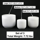 3-Piece White Stoneware Planter Pot Set with Vertical Line Texture of different sizes with dimensions and weight information on a black background.