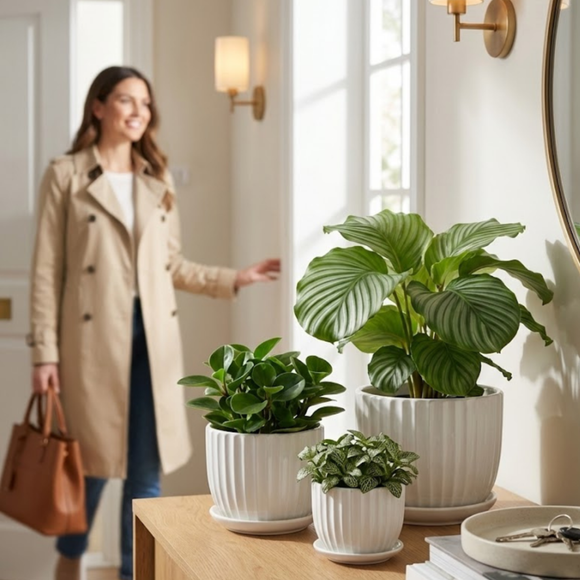 Woman in a trench coat standing next to potted plants in a bright room. 3-Piece White Ceramic Planter Pot Set with Vertical Fluted Design & Matching Saucers