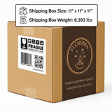 Cardboard box with Florinia branding, fragile label, and shipping information on a white background