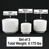 Three white cylindrical containers with dimensions and weight information on a black background