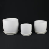 3-Piece White Stoneware Planter Pot Set with Vertical Groove Texture