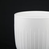 White ceramic vase with ribbed texture on a black background