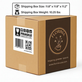 Cardboard box with Florinia branding and shipping information on a white background for 3-Piece White Stoneware Planter Pot Set with Vertical Groove Texture