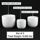 Three white ceramic planters of different sizes with dimensions and weight information on a black background. 3-Piece White Stoneware Planter Pot Set with Vertical Groove Texture