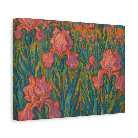 Van Gogh Style Pink Iris Garden Painting, Impressionist Floral Wall Art