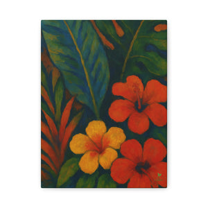 Gauguin Inspired Tropical Still Life with Hibiscus and Foliage
