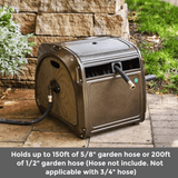 Metal garden hose reel on a patio with text about hose capacity.