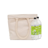 Beige tote bag with two bottles of lemon lime flavored water on a white background