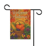Decorative garden flag with autumn theme featuring pumpkins, leaves, and vegetables on a white background.