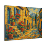 Cézanne Style French Village Street Art, Potted Geraniums and Window Boxes