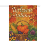 Decorative flag with 'Welcome Autumn' text, pumpkins, and fall vegetables on a colorful background.