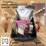 Worm bin kit with packaging on a wooden surface, featuring the Meme Worms brand.