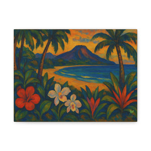 Gauguin Inspired Tropical Beach with Volcano and Exotic Flowers