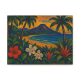 Gauguin Inspired Tropical Beach with Volcano and Exotic Flowers